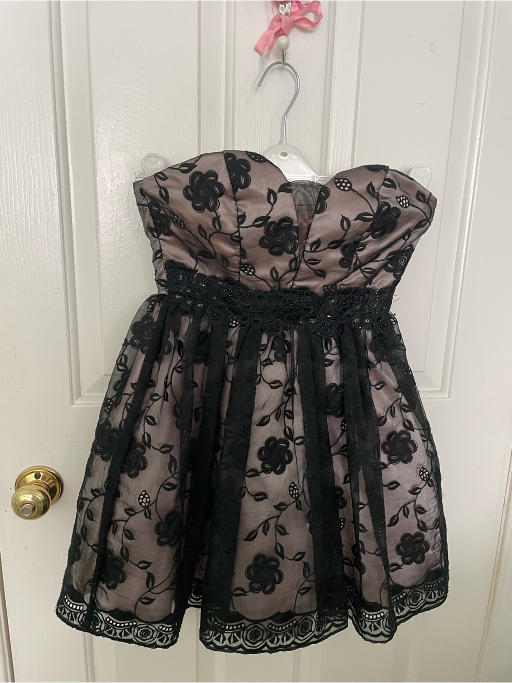 B Darlin Black Floral Strapless Party Dress with Baby Pink Base Layer